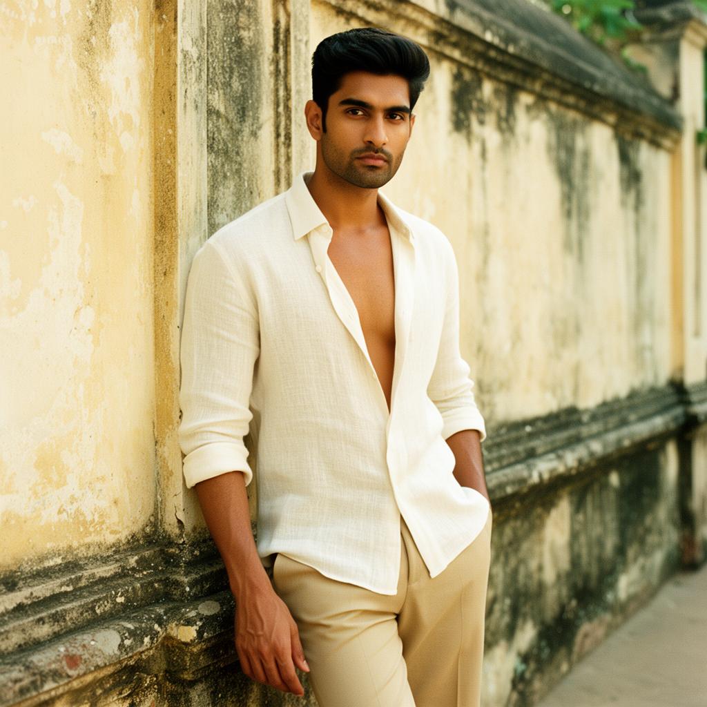 Man wearing an ivory linen shirt against a weathered Pondicherry wall. soft daylight