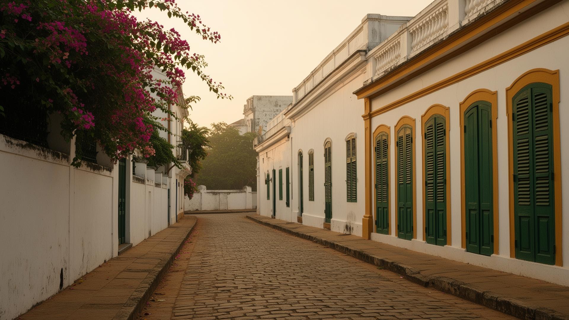 Pondicherry sunset street. bougainvillea, green shutters, mustard trim