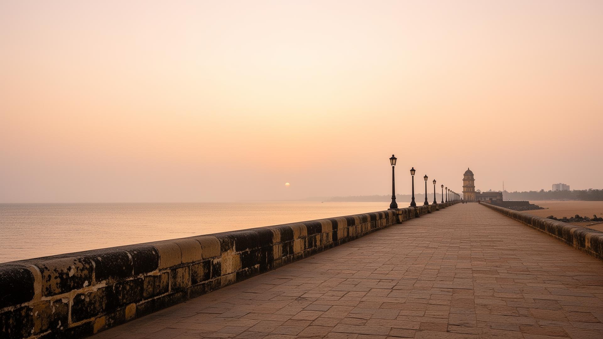 Pondicherry seafront promenade. golden hour, calm water, colonial lampposts