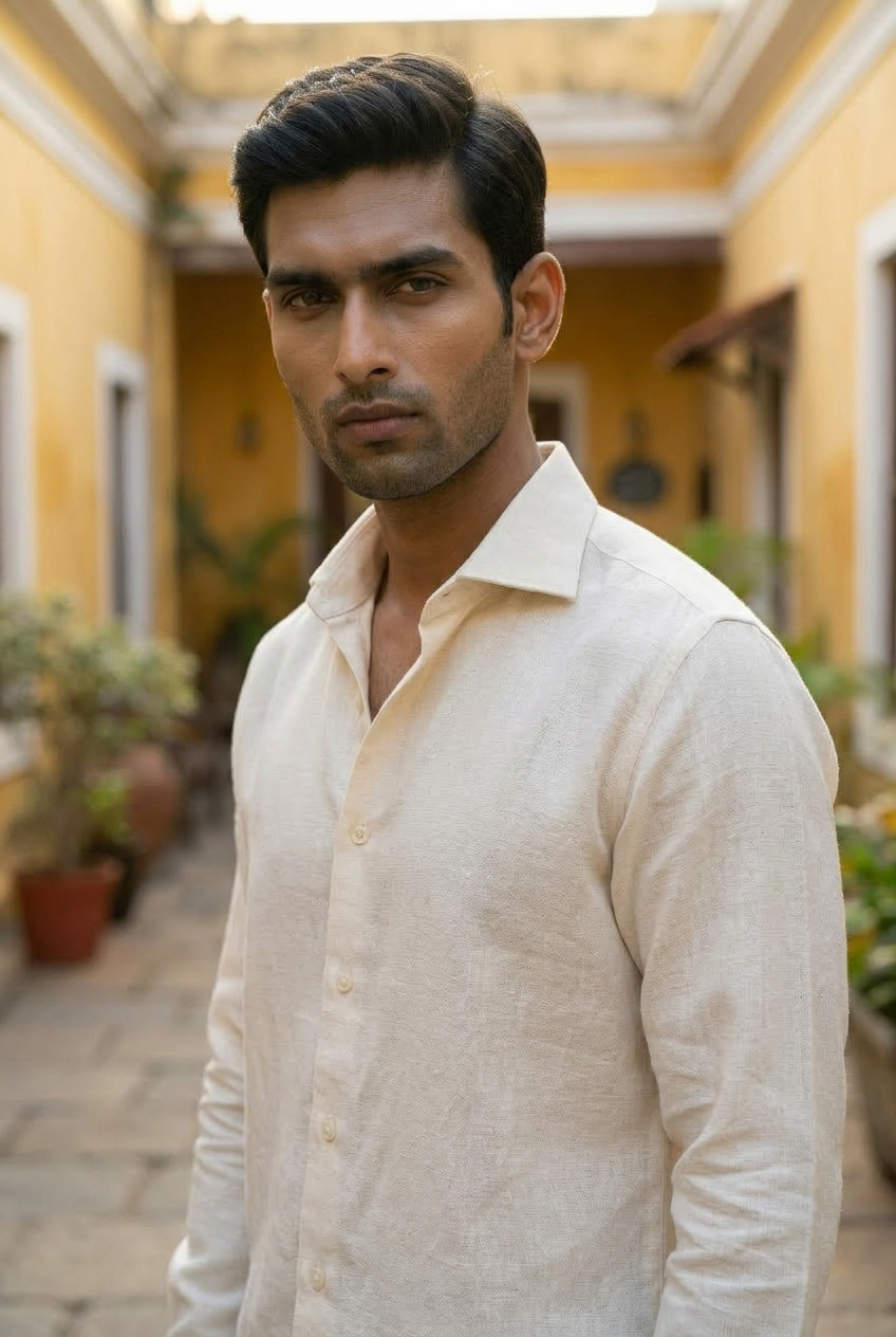 Off-white ecru hemp shirt. Pondicherry courtyard