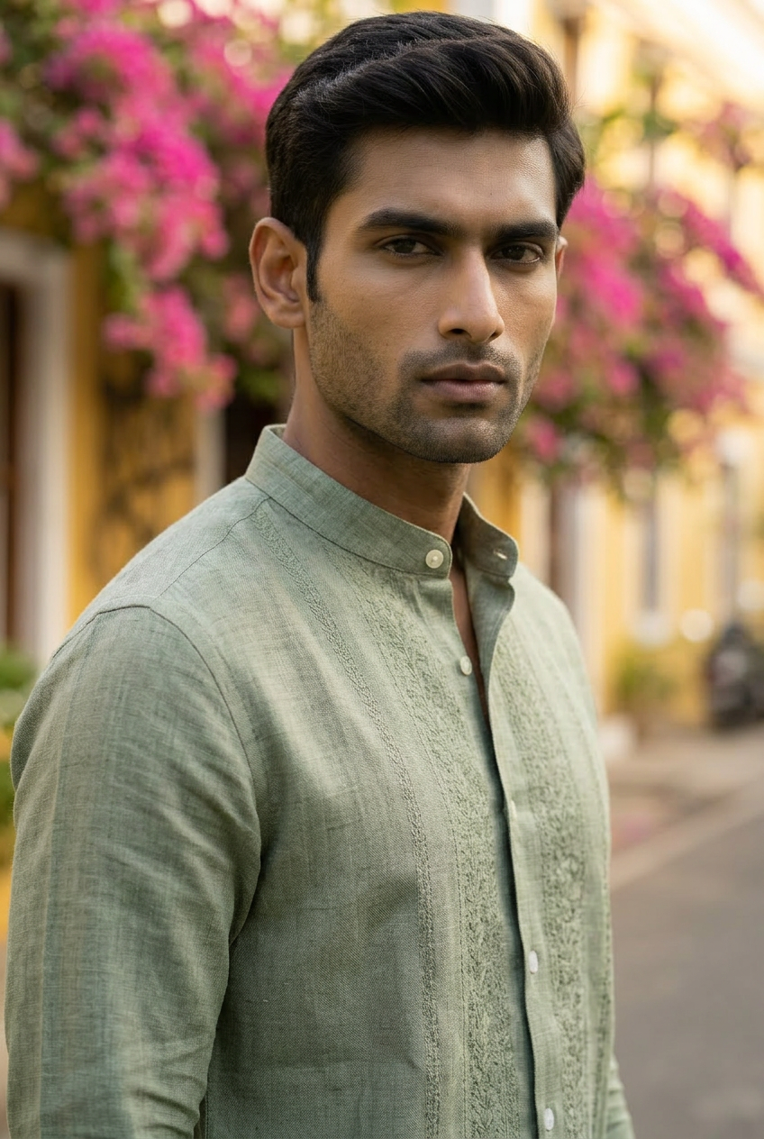 Sage green linen shirt. soft natural light